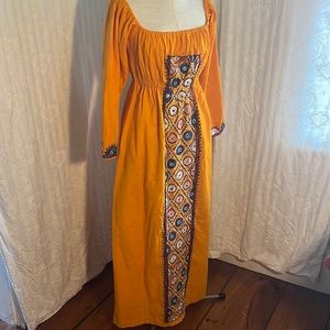 vintage 70s orange Nitya “peasant style” dress with shisha work front panel